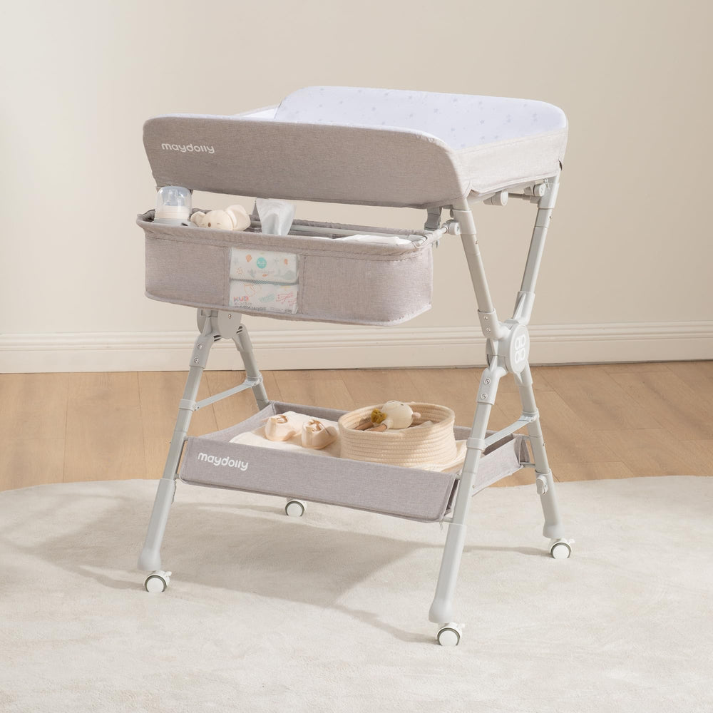 Maydolly changing table in foldable setup for quick diaper changes