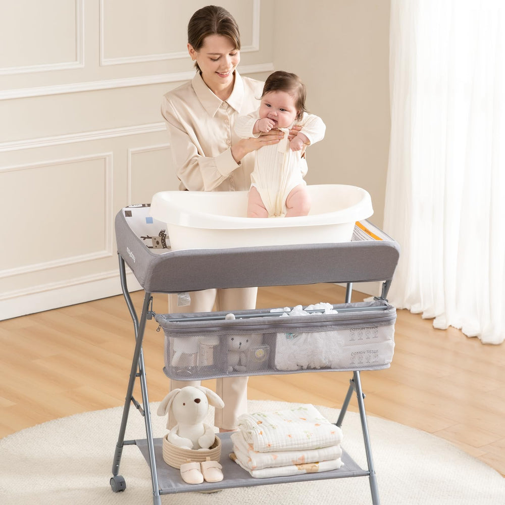 Maydolly foldable diaper station saves space in small homes.