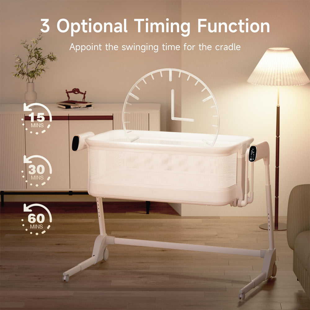 Maydolly Height-adjustable Bassinet aligns with bedside height for easy tending.