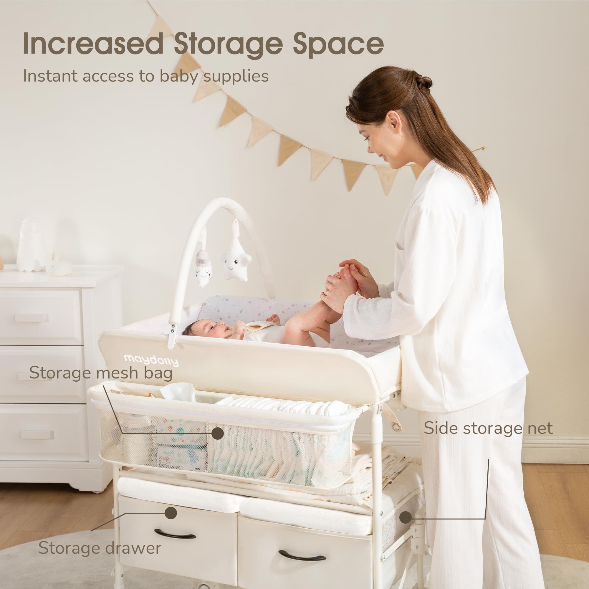 Maydolly storage basket and shelves keep diapers, wipes, and toys within reach