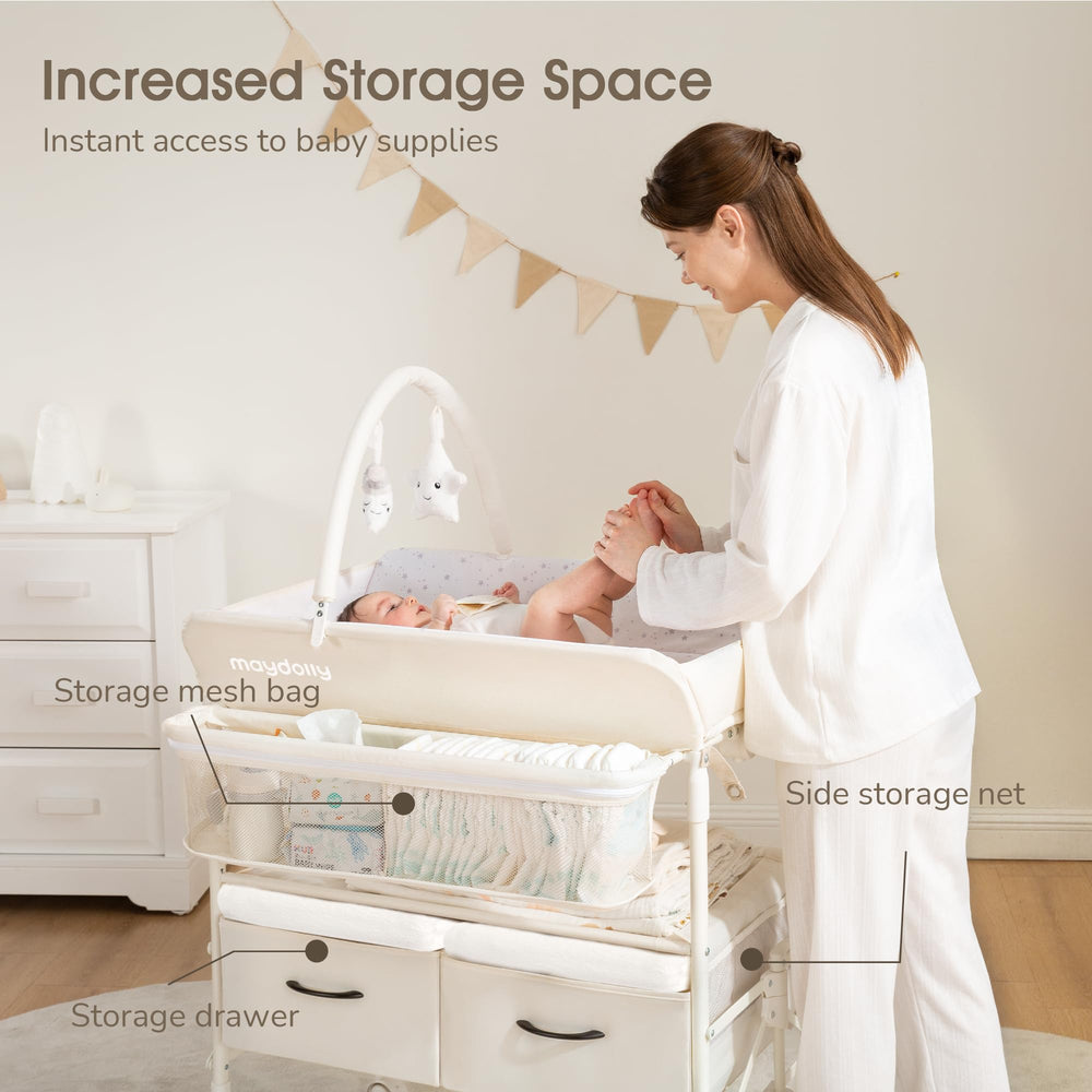 Maydolly storage basket and shelves keep diapers, wipes, and toys within reach