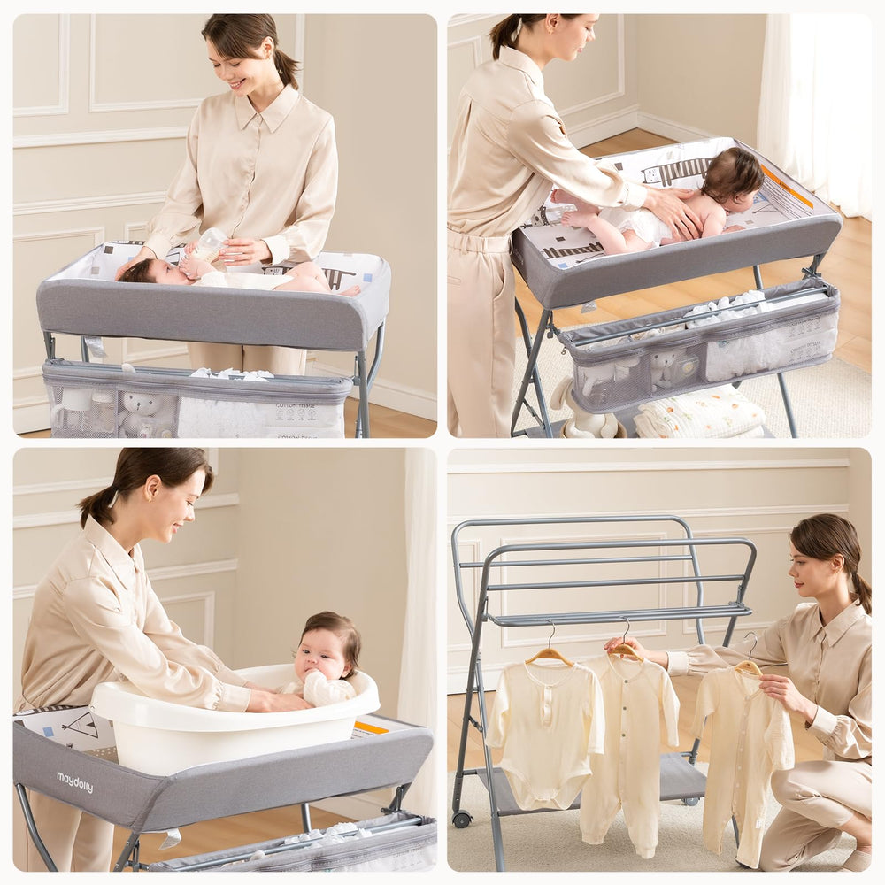 Maydolly storage baskets beside the table for diapers and towels.