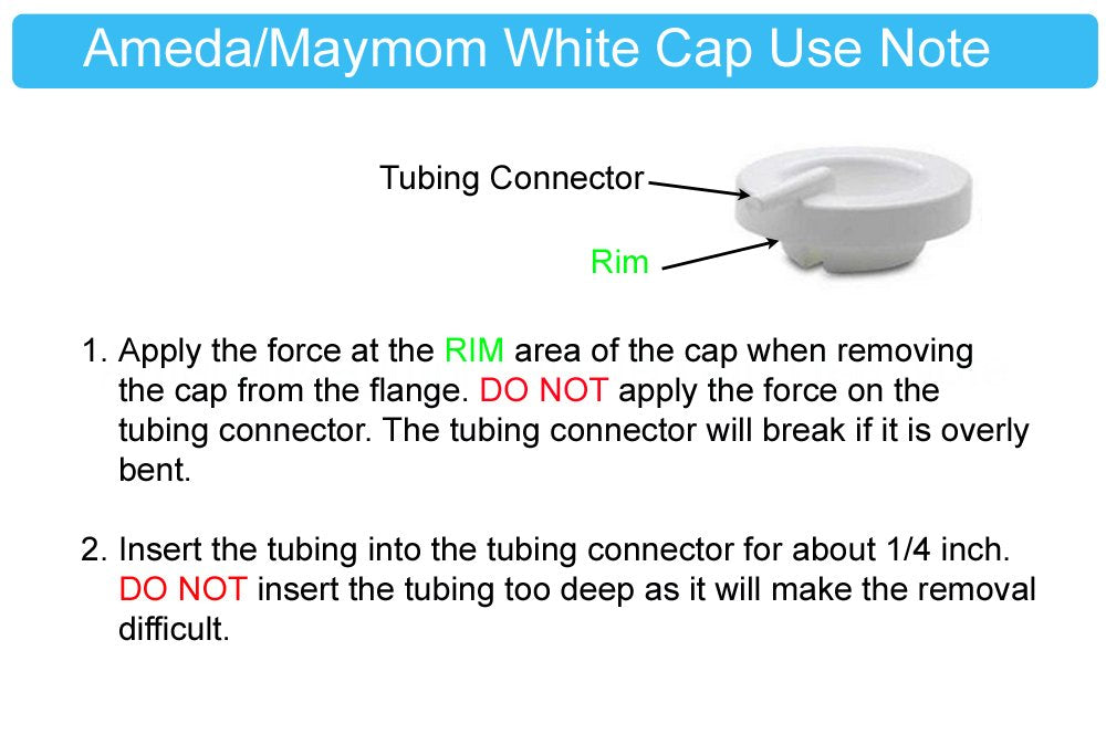 Maymom tubing parts close-up showing cap and connector for safe replacement and BPA-free pumping.