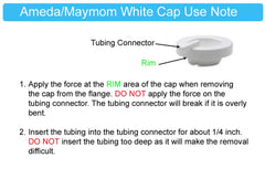 Maymom tubing parts close-up showing cap and connector for safe replacement and BPA-free pumping.