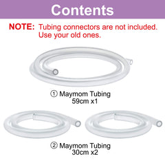 Maymom tubing mounted on a Lansinoh pump in use for reliable flow.