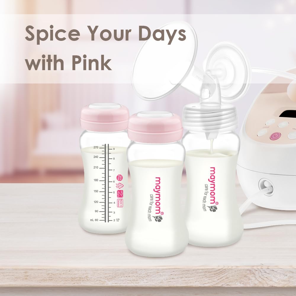 Maymom wide-neck bottle components are dishwasher-safe for quick cleanup.