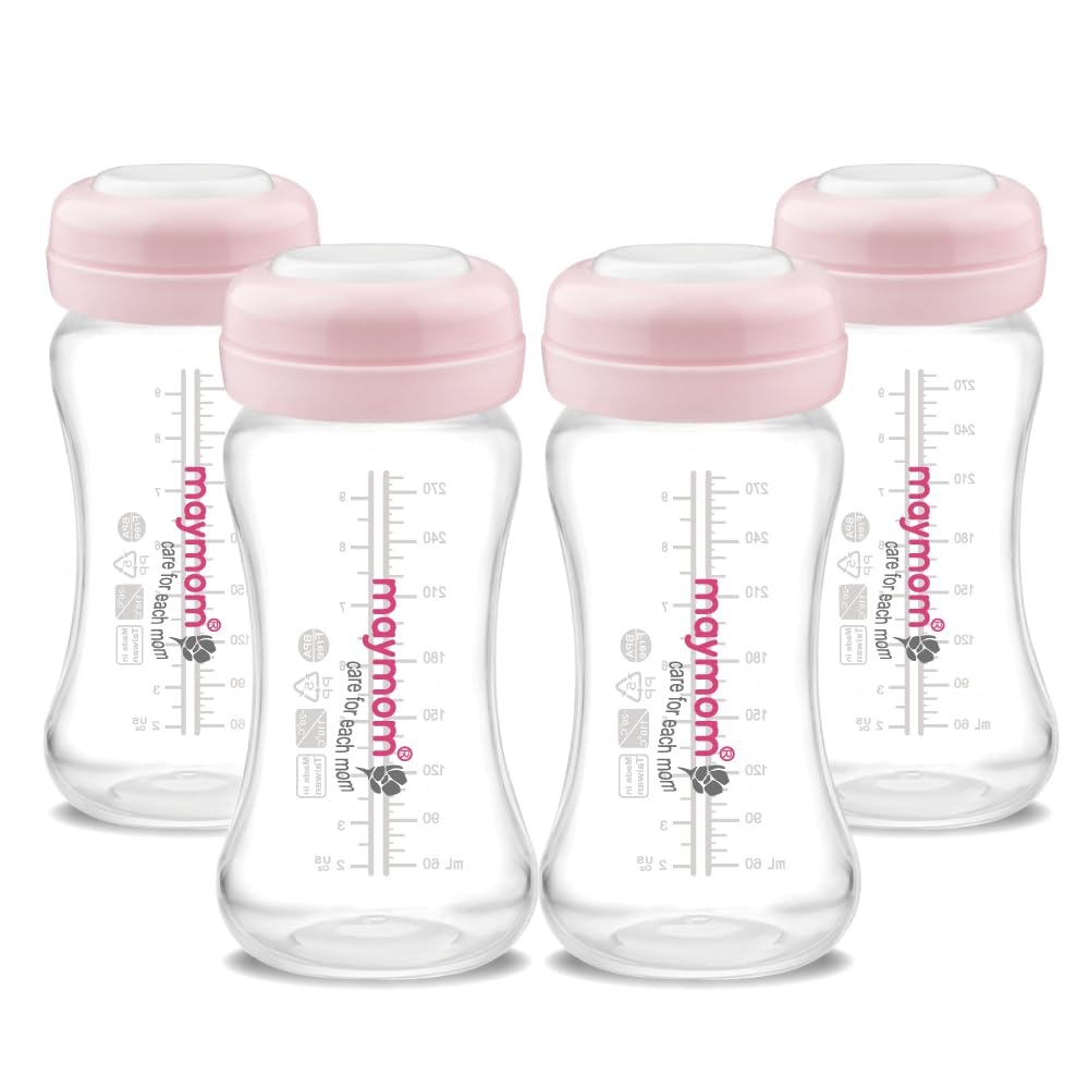 Maymom wide-neck bottle pour shows easy milk transfer and leak-free design.