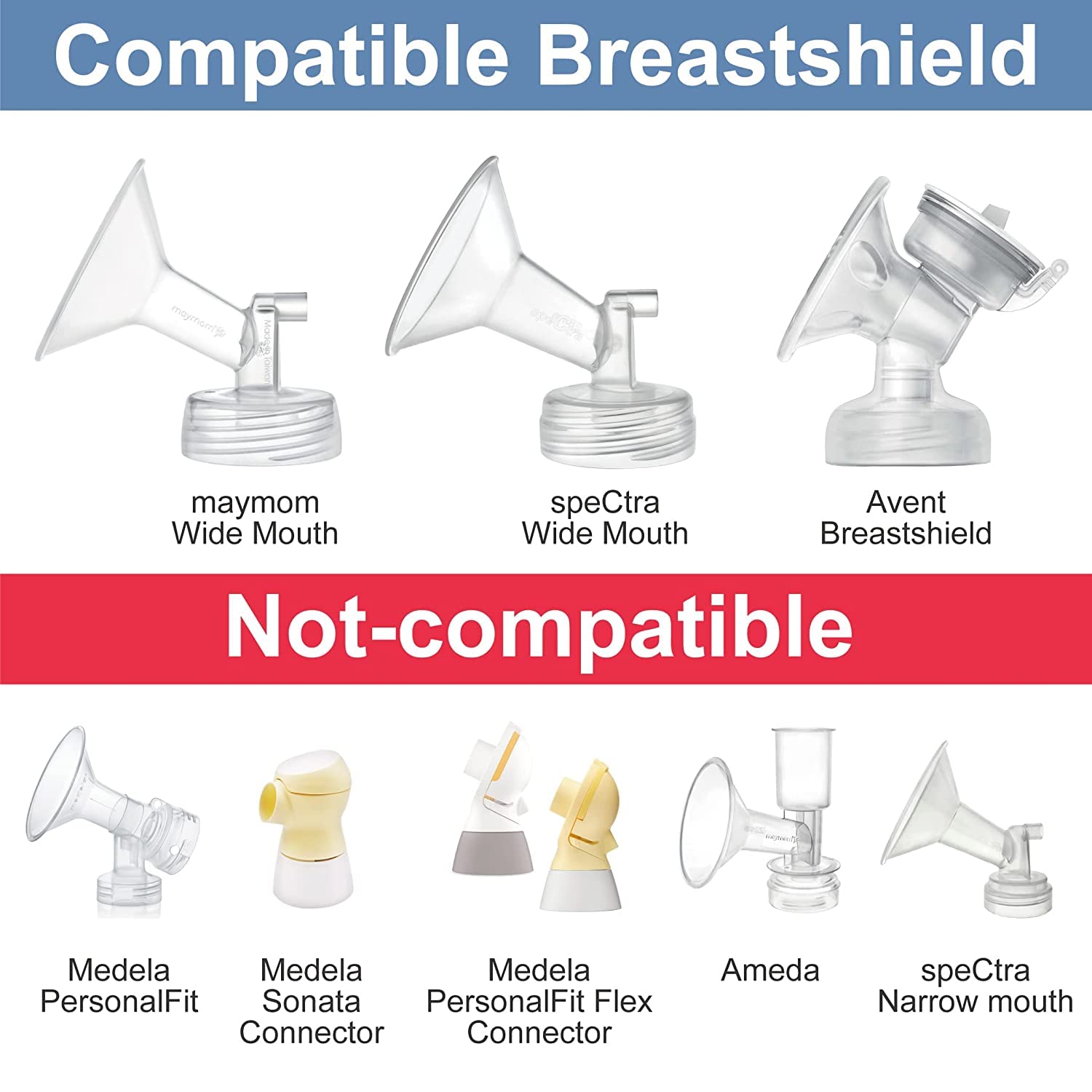 Maymom adapter supports wide-neck shields including Avent and Spectra S1 S2