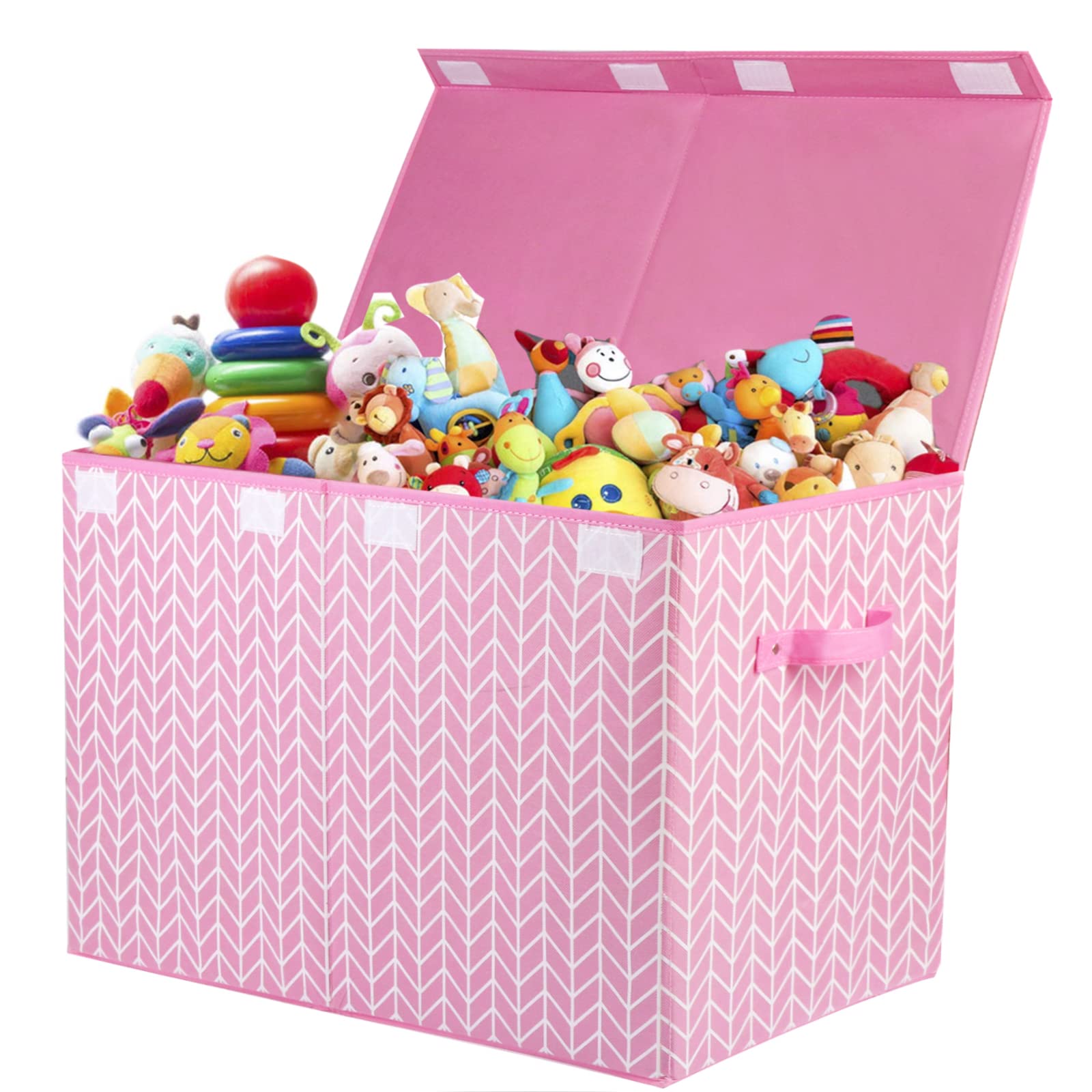 Mayniu large toy storage box chest with pink lid keeps playroom clutter organized