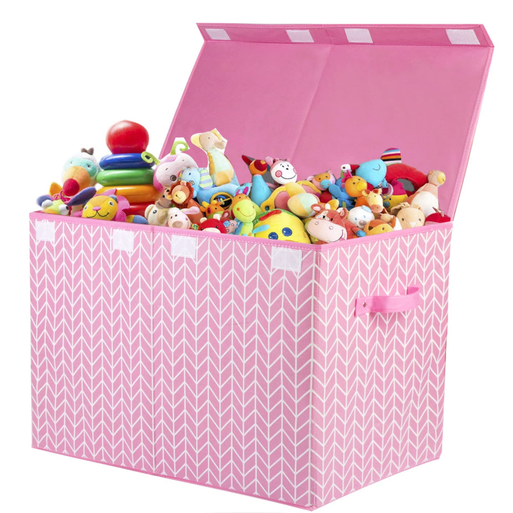 Mayniu large toy storage box chest with pink lid keeps playroom clutter organized