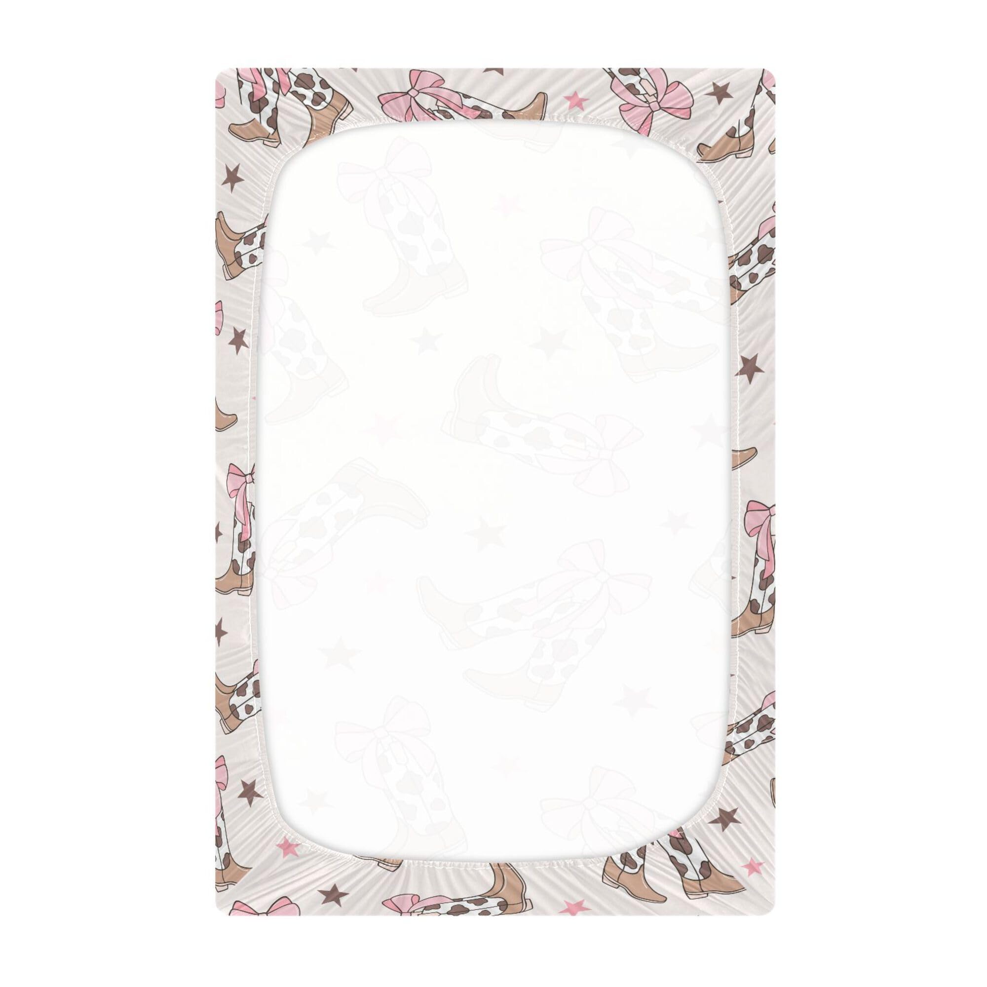 Mazeann Bows crib sheet with secure elastic band for snug fit.