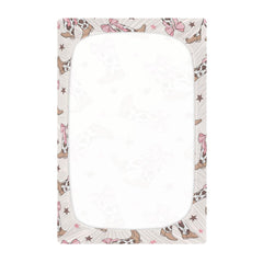 Mazeann Bows crib sheet with secure elastic band for snug fit.
