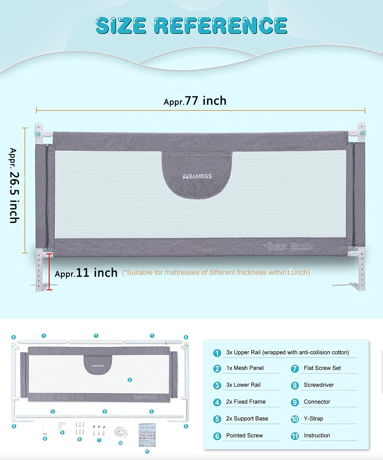 Adjustable height range 1 to 11 inches on MBQMBSS bed rails.