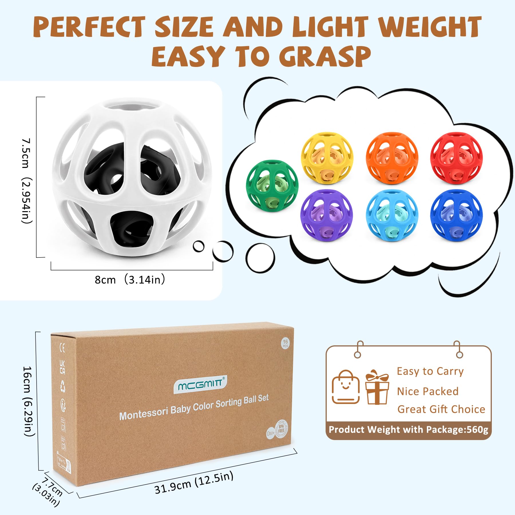 MCGMITT soft silicone baby ball shows stretch-squish play for multi-sensory development