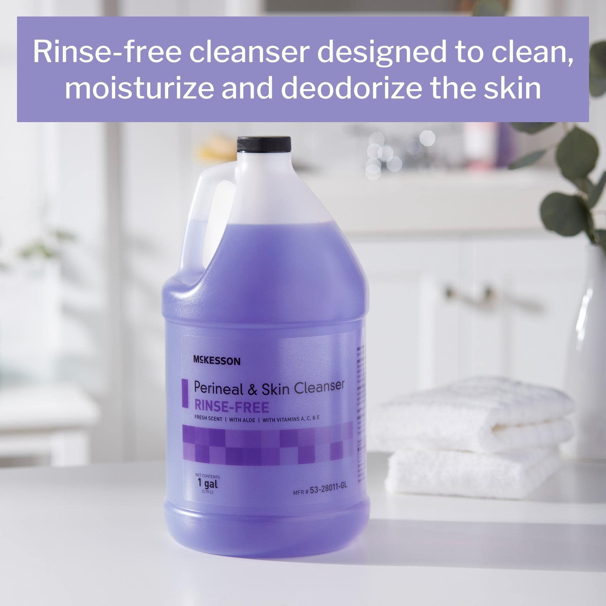 Label on McKesson Perineal Skin Cleanser bottle highlighting ingredients.