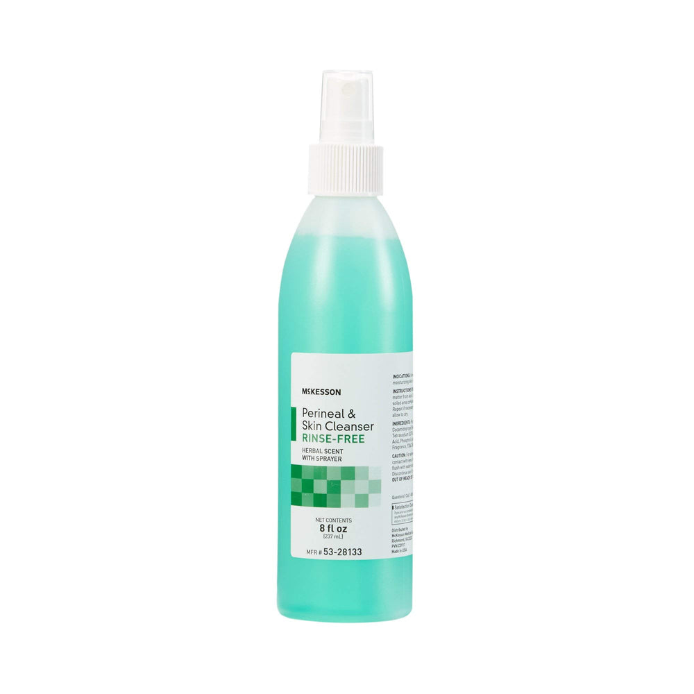 McKesson Perineal Skin Cleanser bottle with pump for easy rinse-free care.