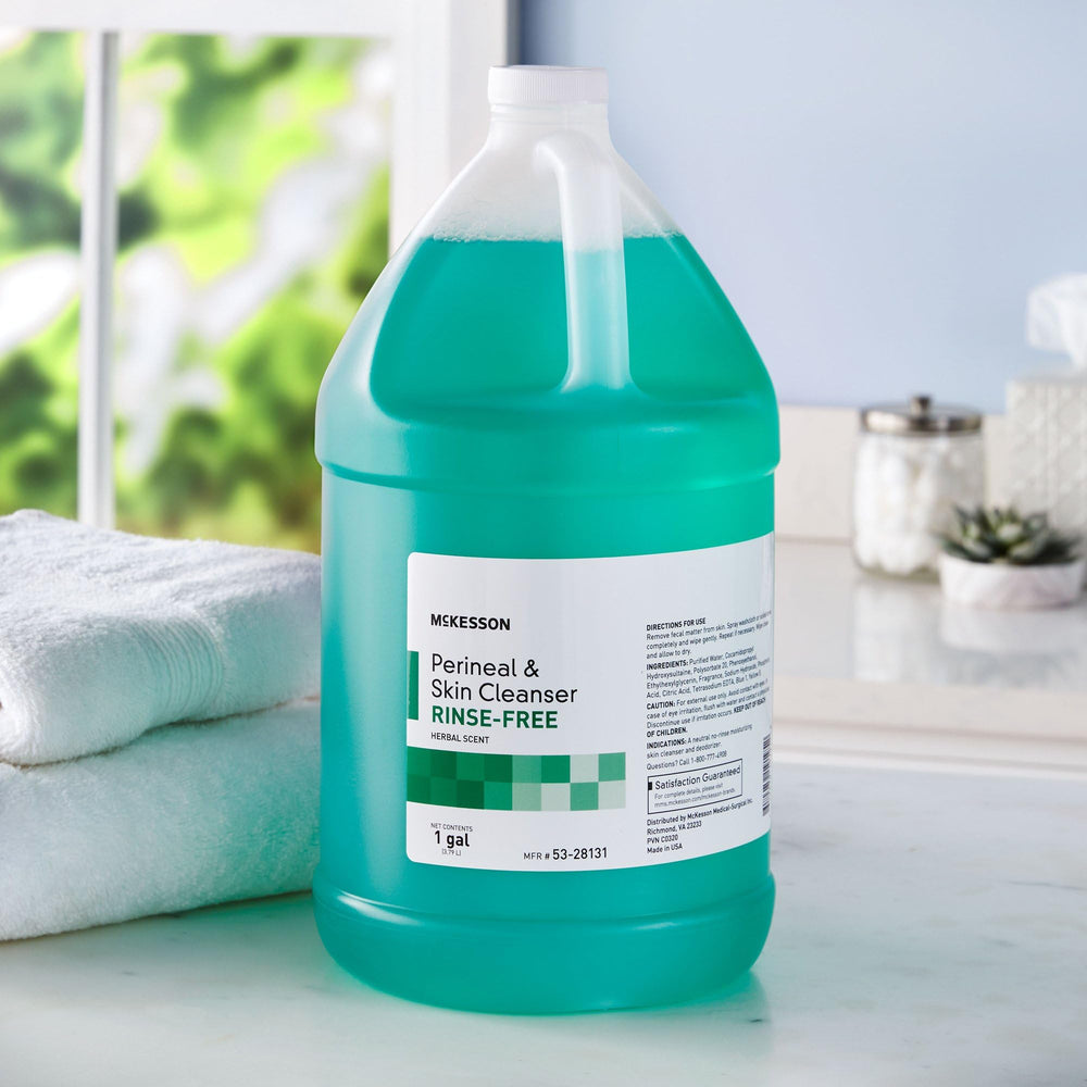 McKesson Perineal Skin Cleanser herbal scent label aids pleasant care.