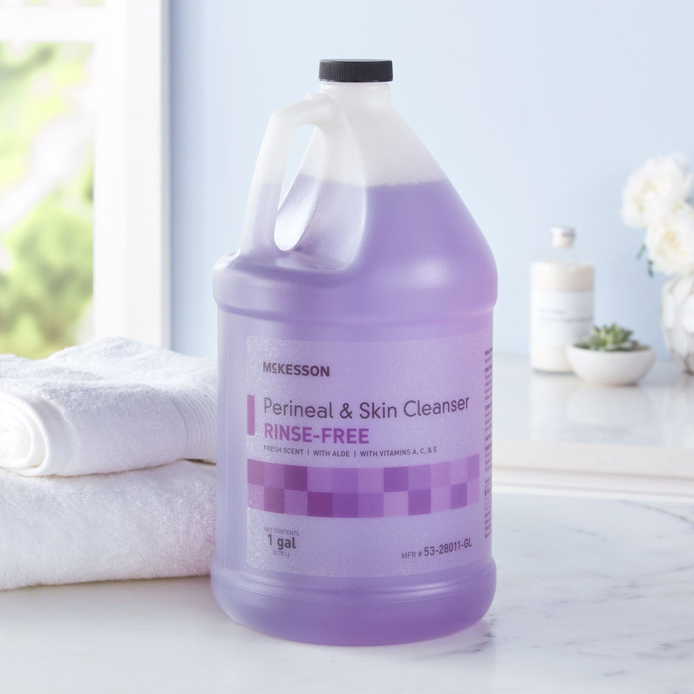 Pour action of McKesson Perineal Skin Cleanser demonstrating rinse-free use.