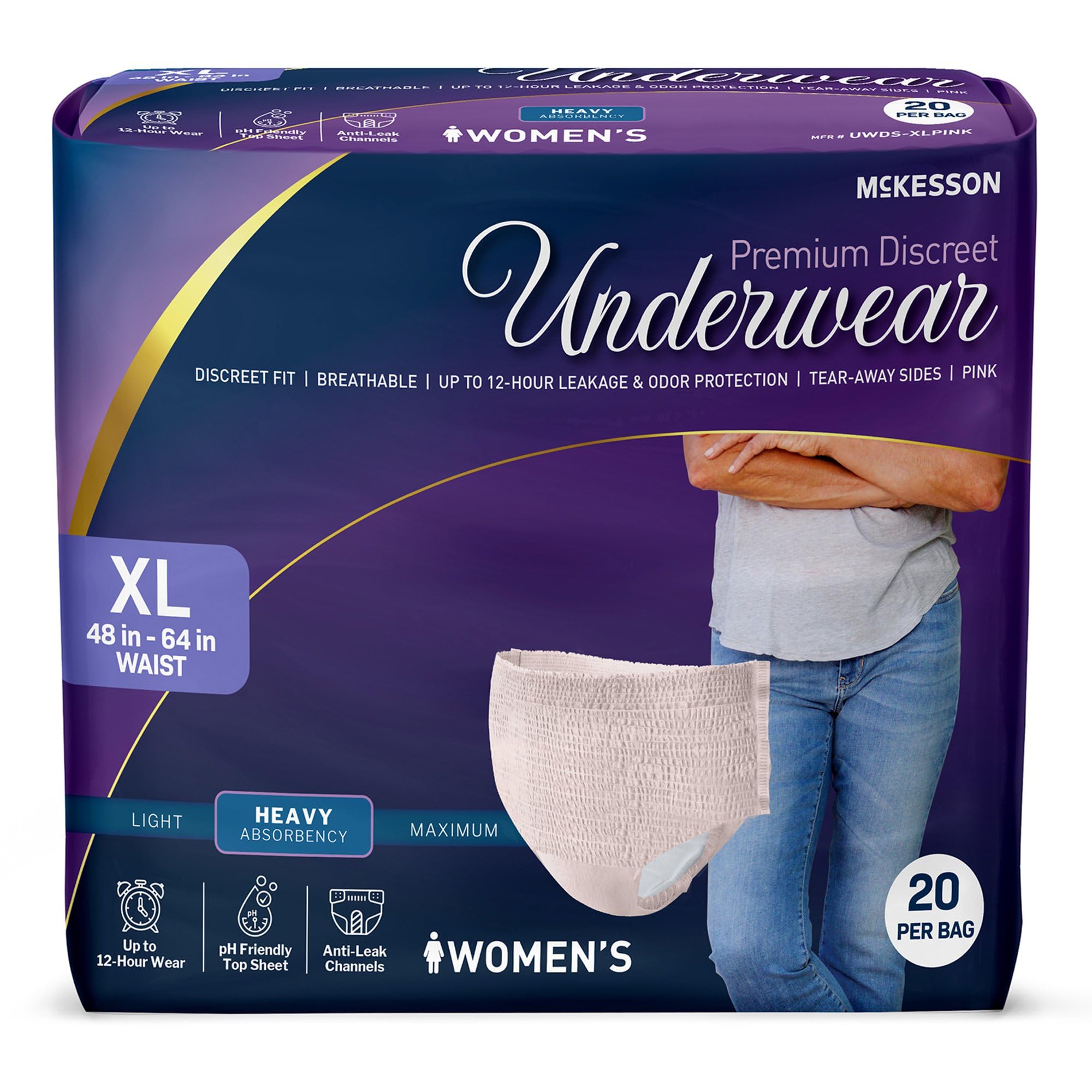 McKesson Premium Discreet Underwear packaging highlighting heavy absorbency for overnight protection