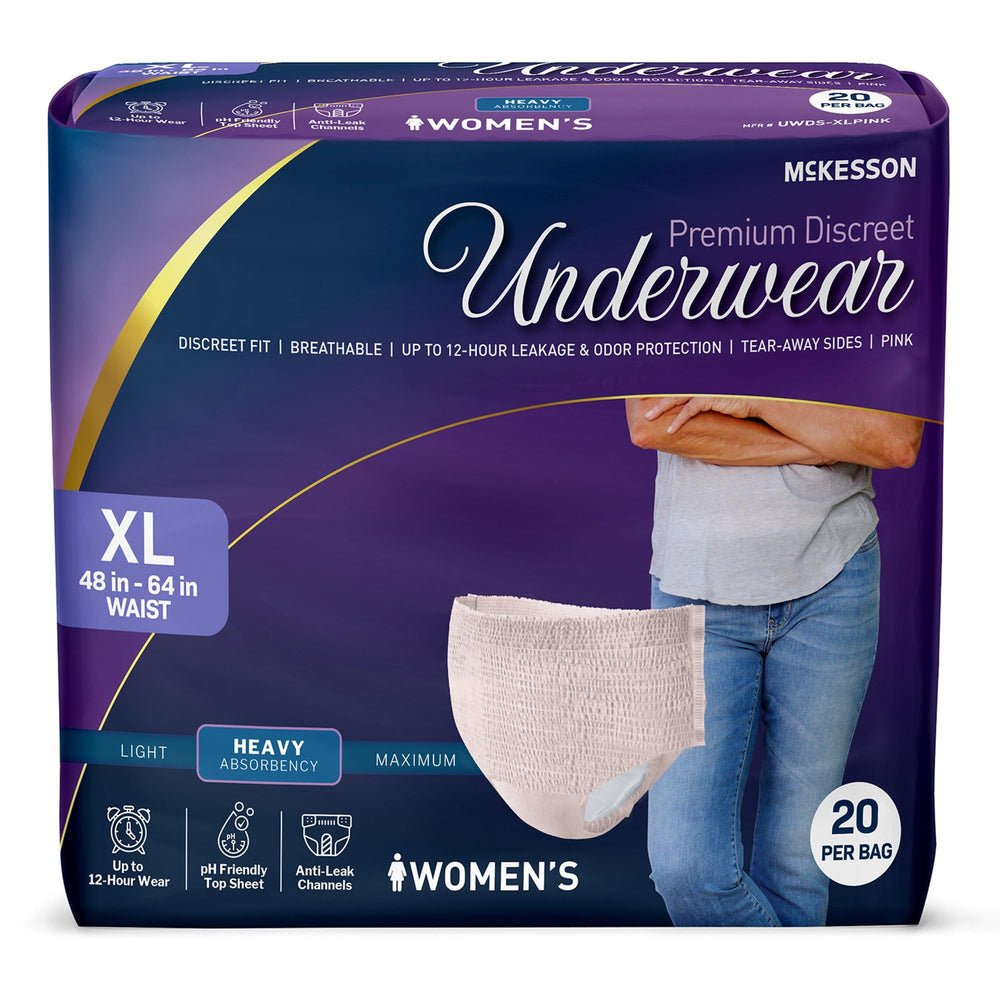 McKesson Premium Discreet Underwear packaging highlighting heavy absorbency for overnight protection