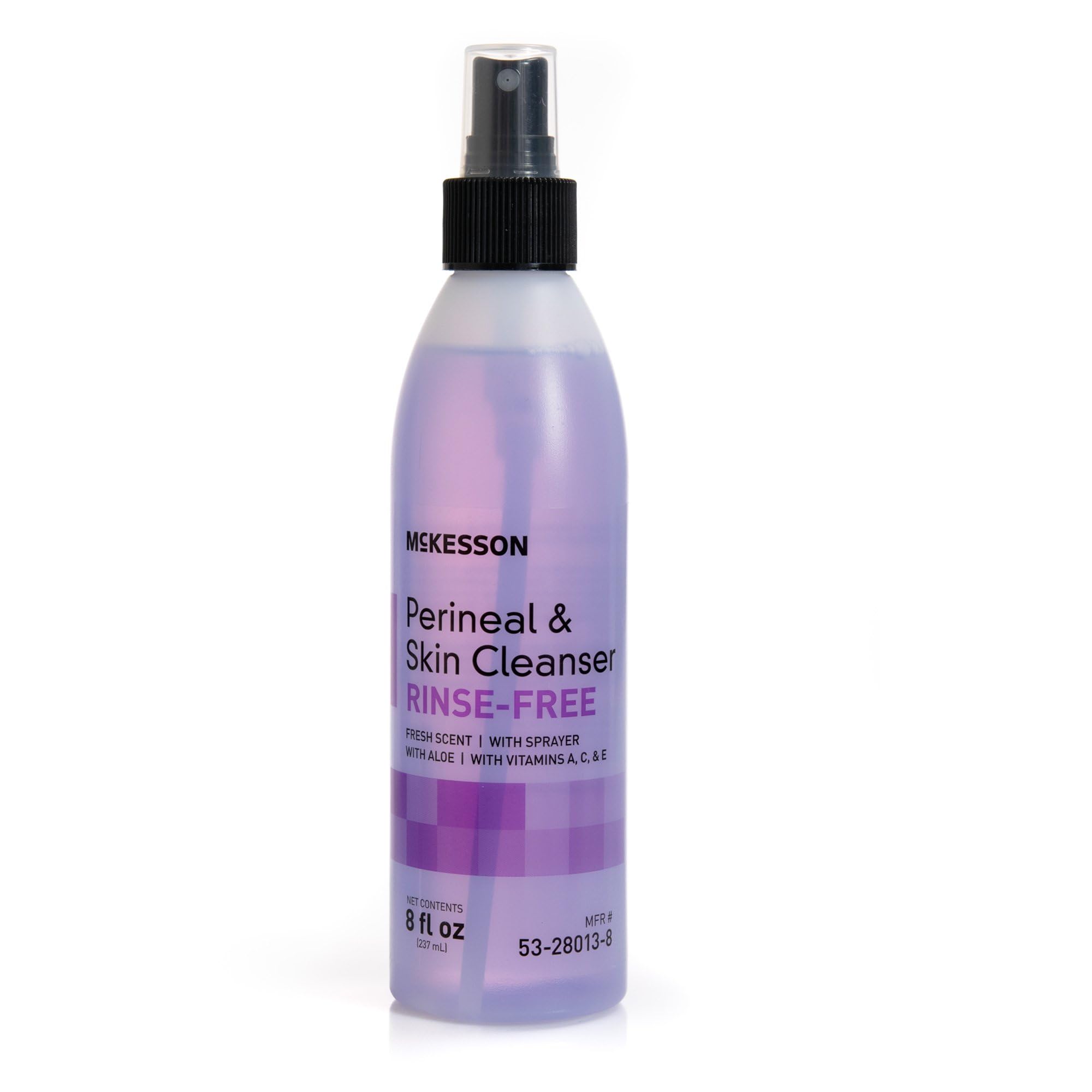 McKesson Staydry perineal wash bottle front view, gentle cleansing for sensitive skin.