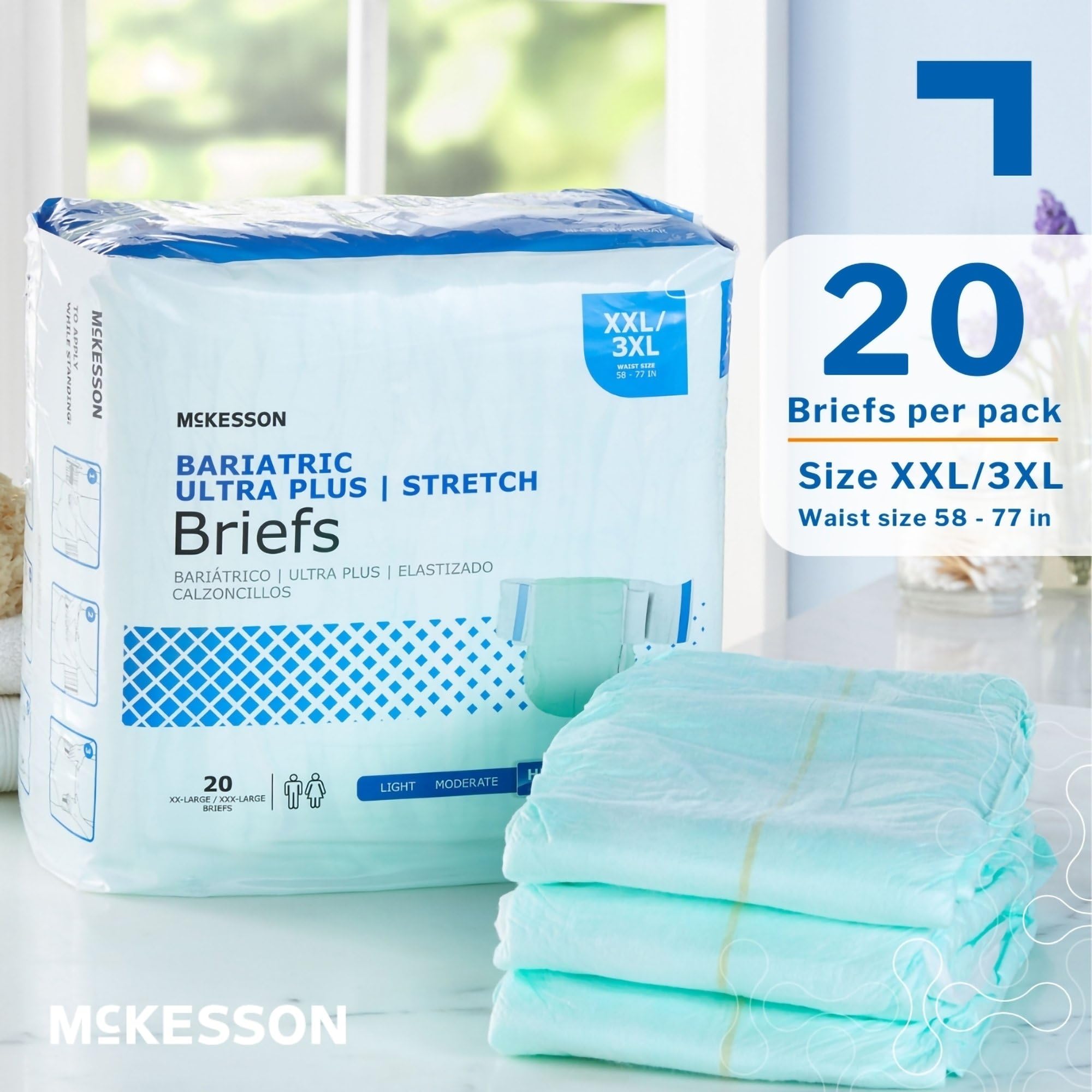 McKesson Ultra Plus Stretch Briefs bariatric fit for waists 58 to 77 inches.