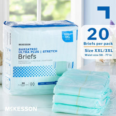McKesson Ultra Plus Stretch Briefs bariatric fit for waists 58 to 77 inches.