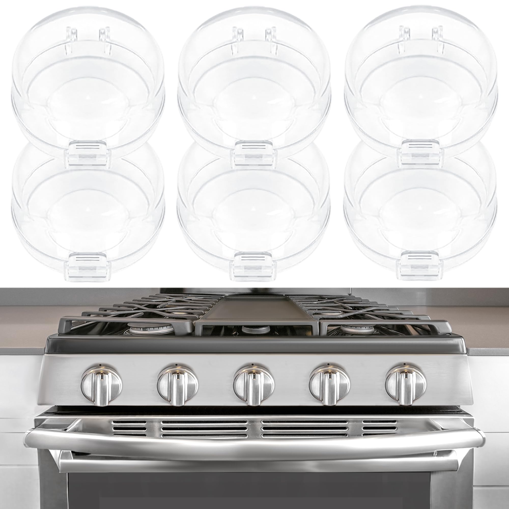 MCOTOP 6-pack stove knob covers protect children on a gas stove.