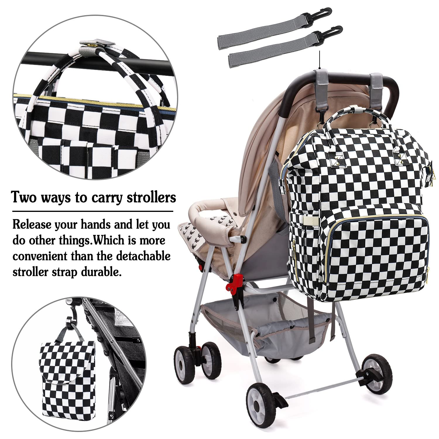 MCWTH checkered diaper bag EVA bottom and changing pad help stay clean on the go.
