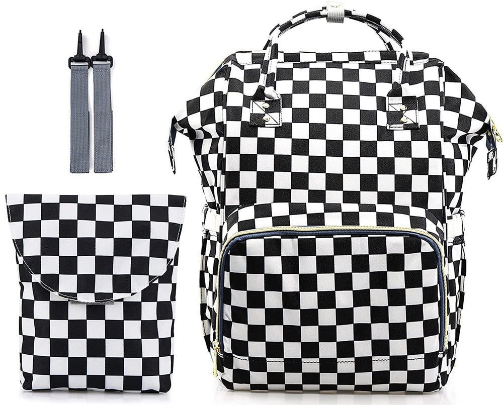 MCWTH checkered diaper bag front insulated bottle pocket keeps bottles warm or cool on the go.