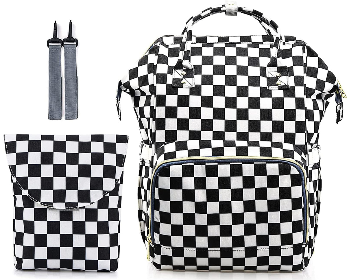 MCWTH checkered diaper bag front insulated bottle pocket keeps bottles warm or cool on the go.