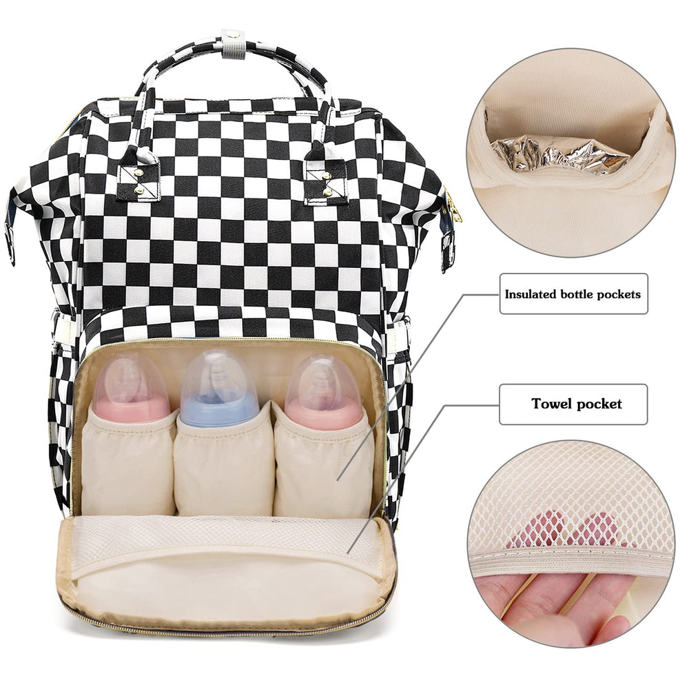MCWTH checkered diaper bag rear compartment opening for quick access at a glance.
