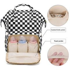 MCWTH checkered diaper bag rear compartment opening for quick access at a glance.