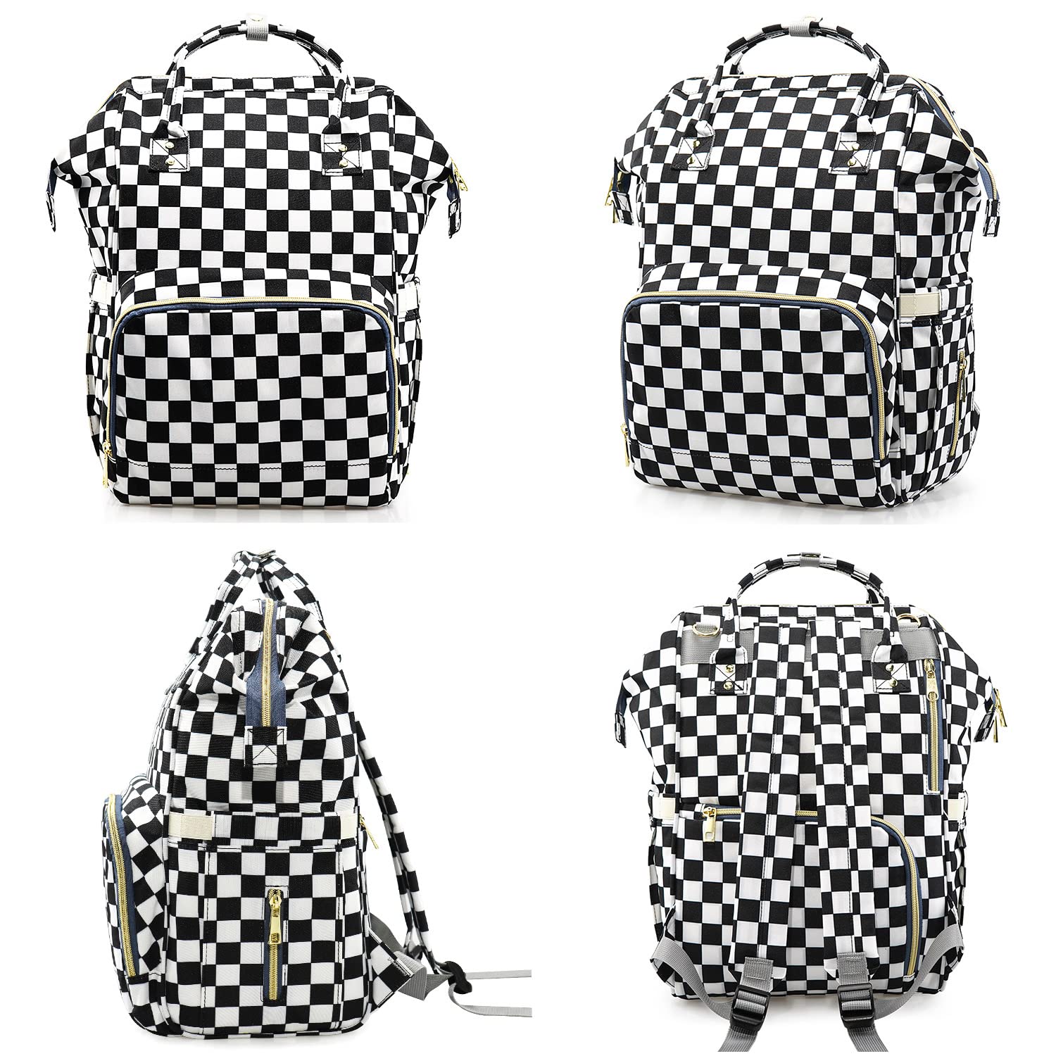 MCWTH checkered diaper bag stroller straps and keychain keep essentials handy.