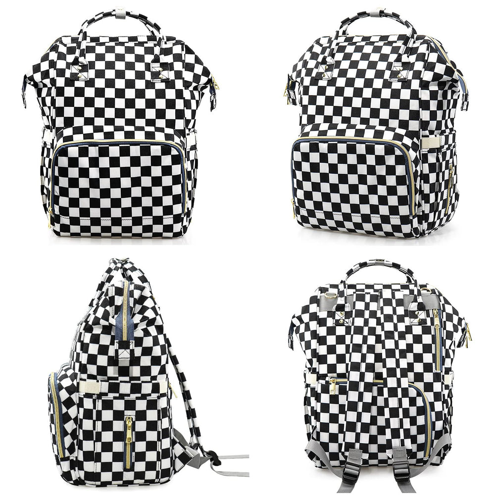 MCWTH checkered diaper bag stroller straps and keychain keep essentials handy.