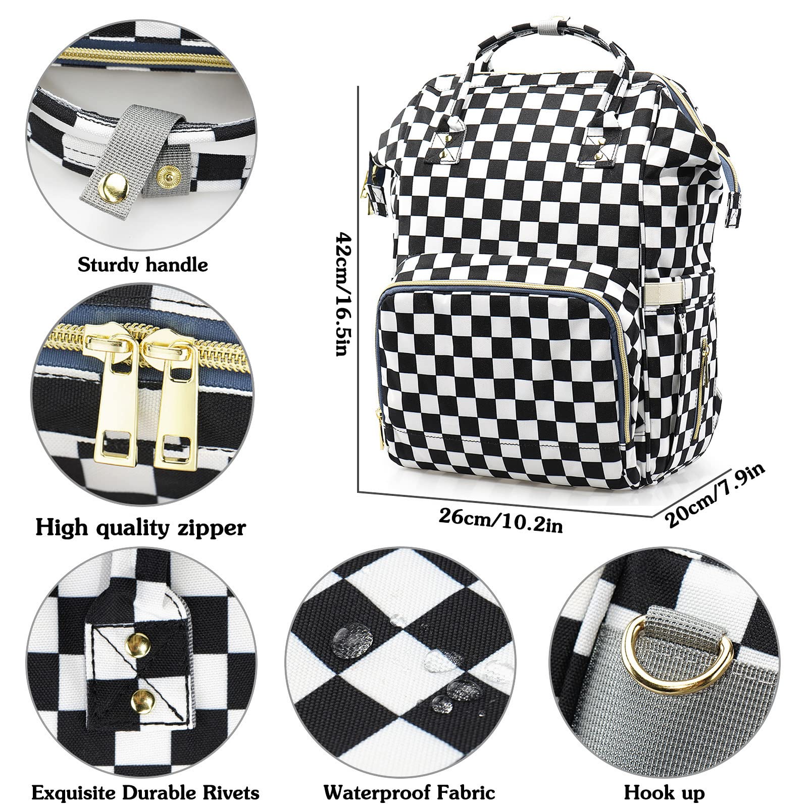 MCWTH checkered diaper bag USB port enables easy phone charging while you travel.