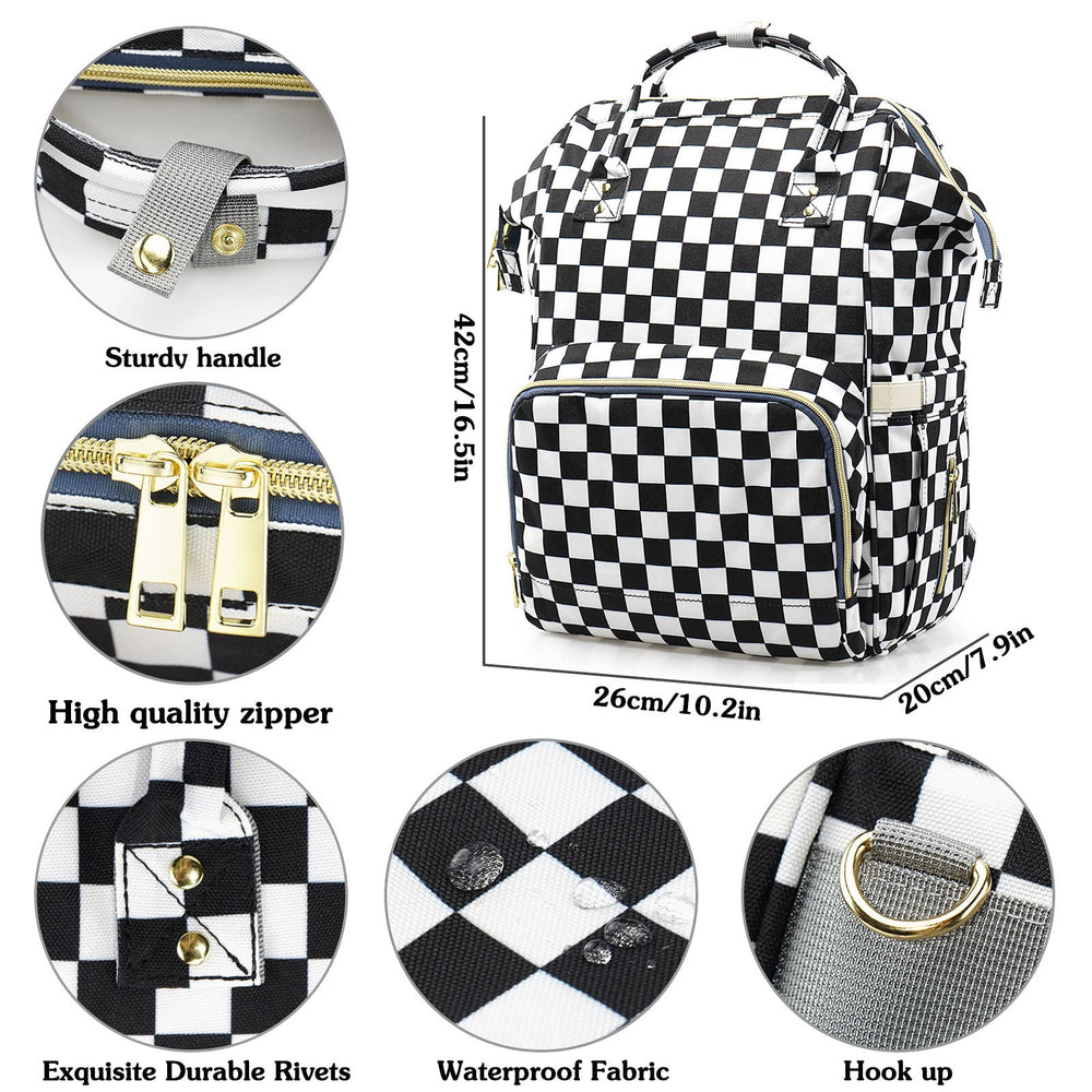 MCWTH checkered diaper bag USB port enables easy phone charging while you travel.
