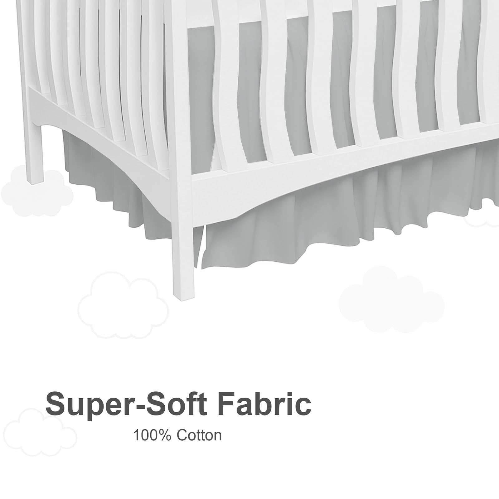MD Home Decore light grey crib skirt complements any nursery theme
