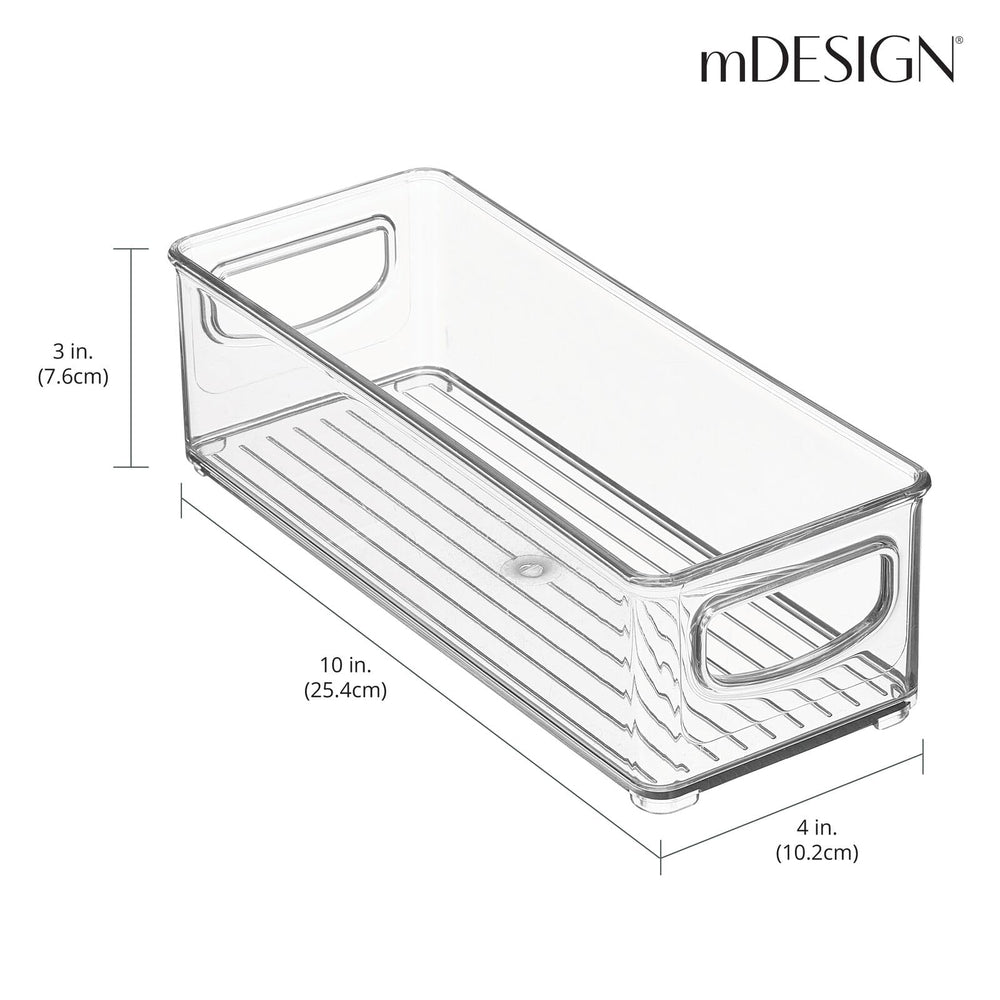 MDesign bin showing fridge and cabinet use for snacks and formula organization.