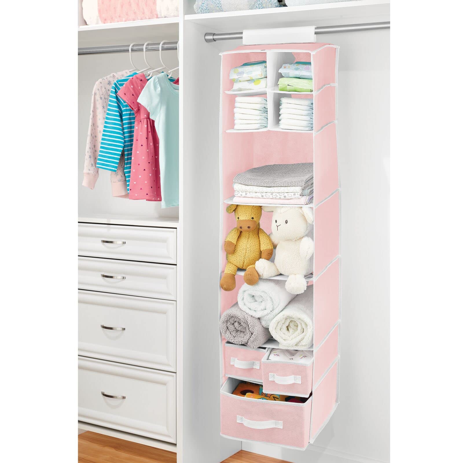 mdesign changing-station organizer in pink and white for diapers and wipes