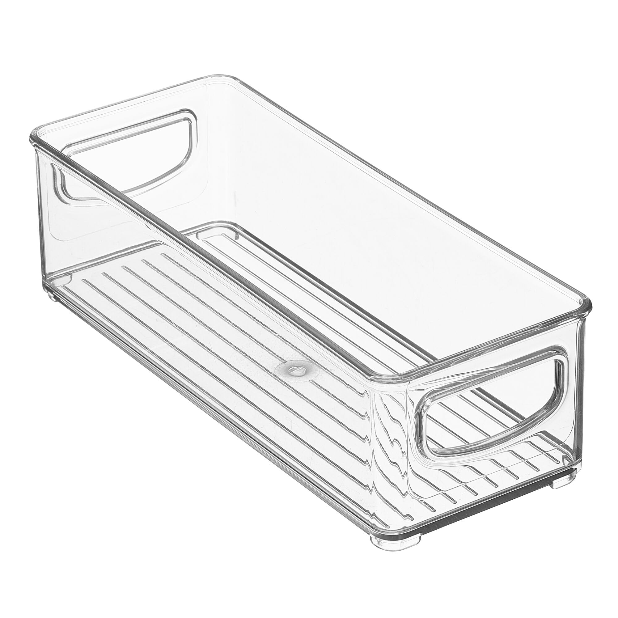 MDesign clear storage bin with reinforced base for stable side-by-side stacking.