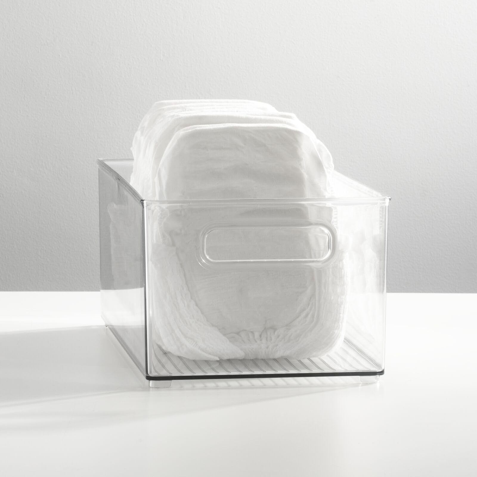 mDesign bin for pantry shelves organizes snacks and bottles for easy reach