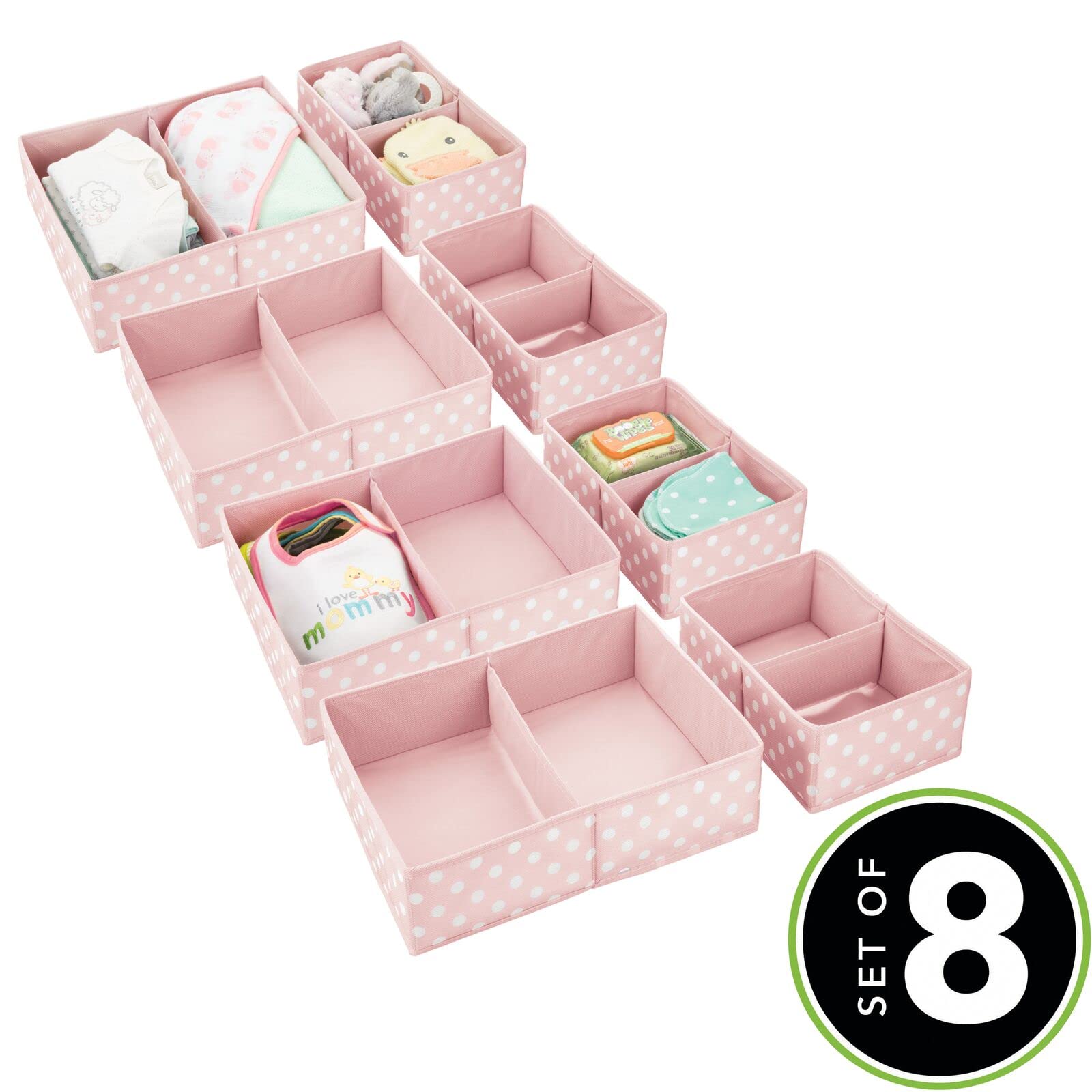 mDesign pink polka dot bin used on dresser for baby clothes