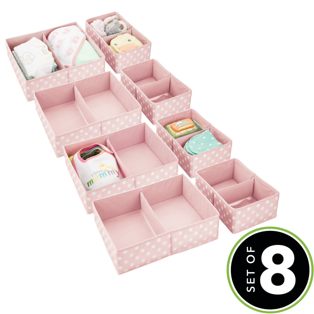 mDesign pink polka dot bin used on dresser for baby clothes