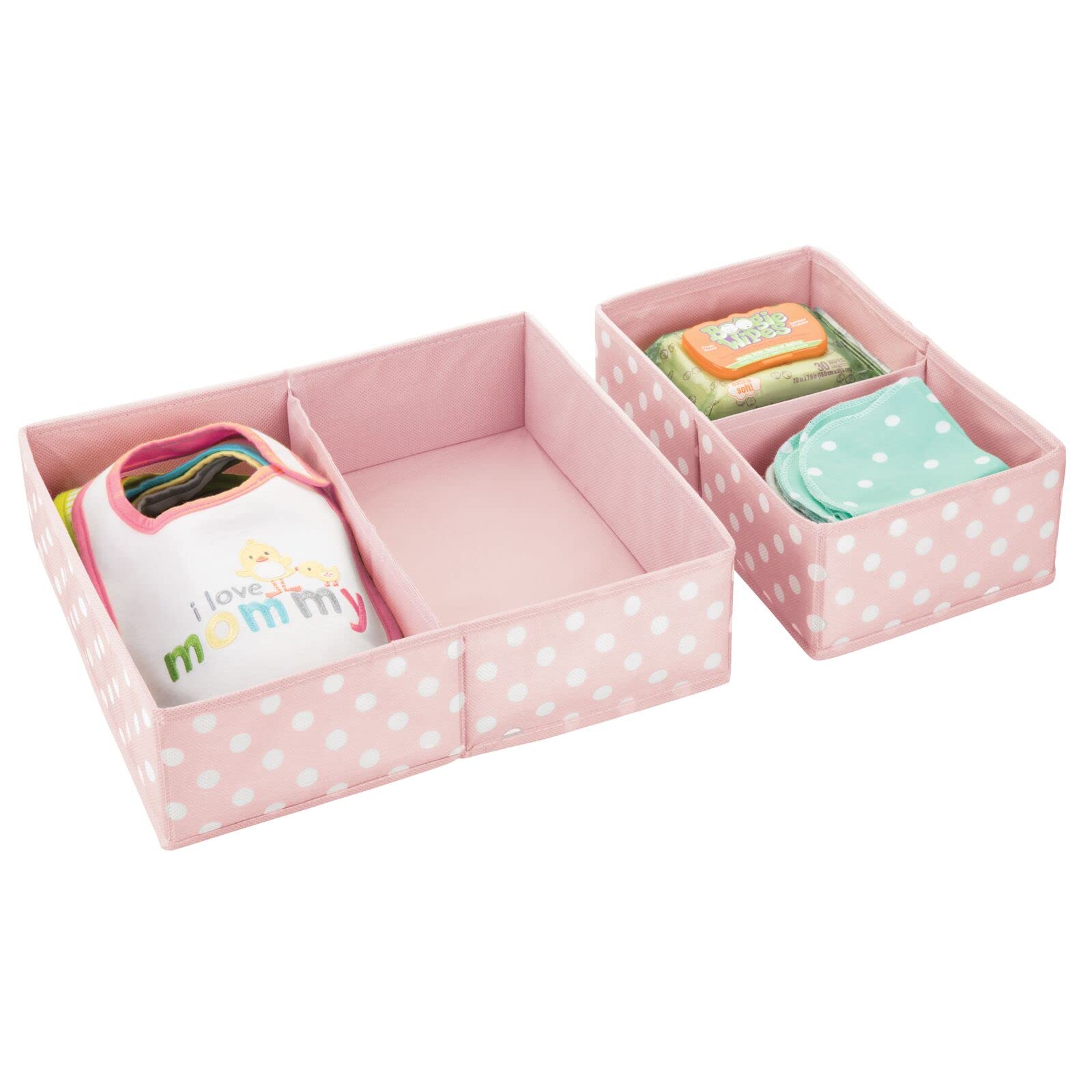 mDesign pink polka dot storage bin on closet shelf
