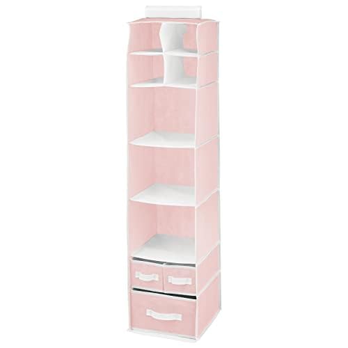 mdesign fabric hanging organizer over rod with seven shelves and three drawers for kids' essentials
