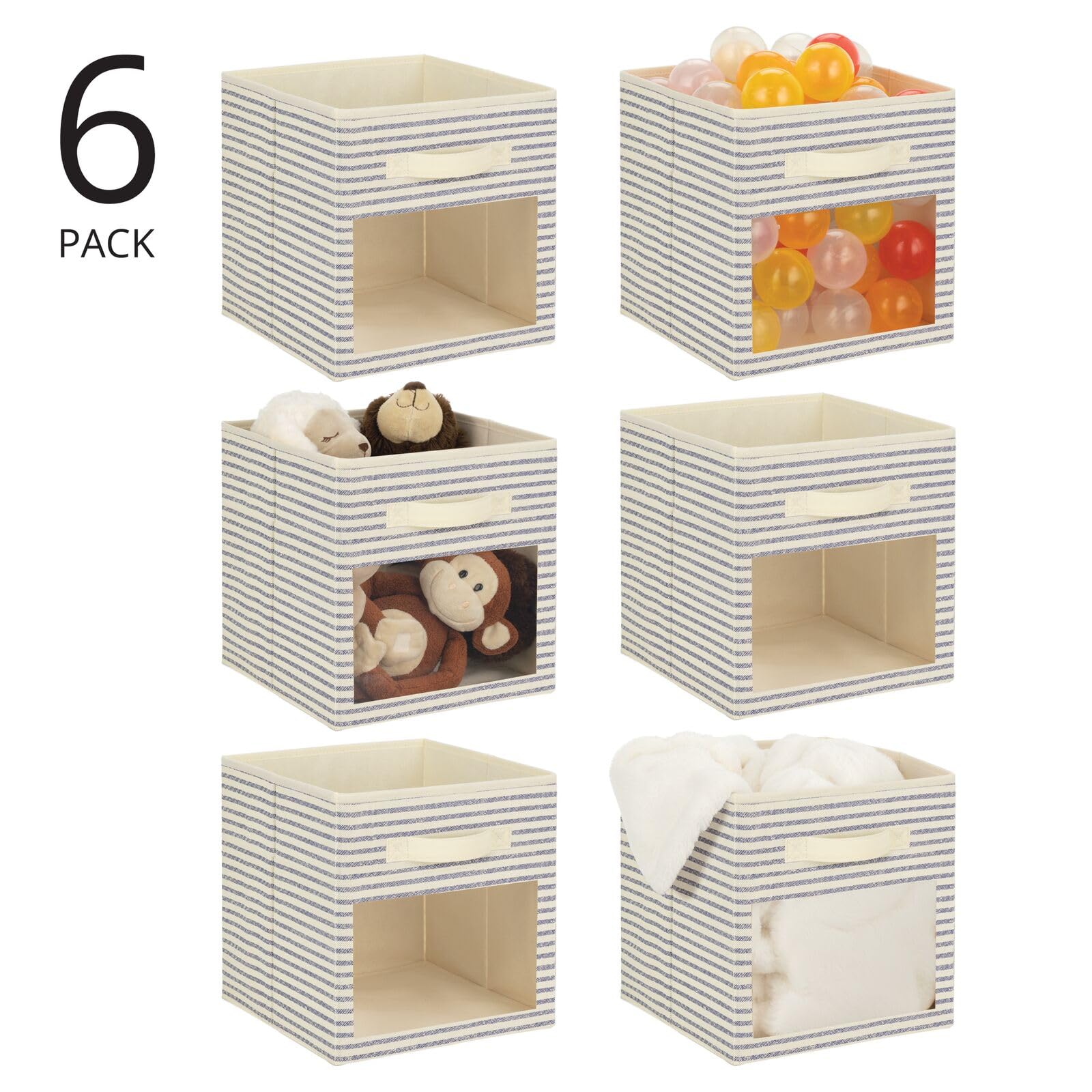 mdesign fabric-bin natural-blue-stripe fabric texture and easy stacking on cube shelves