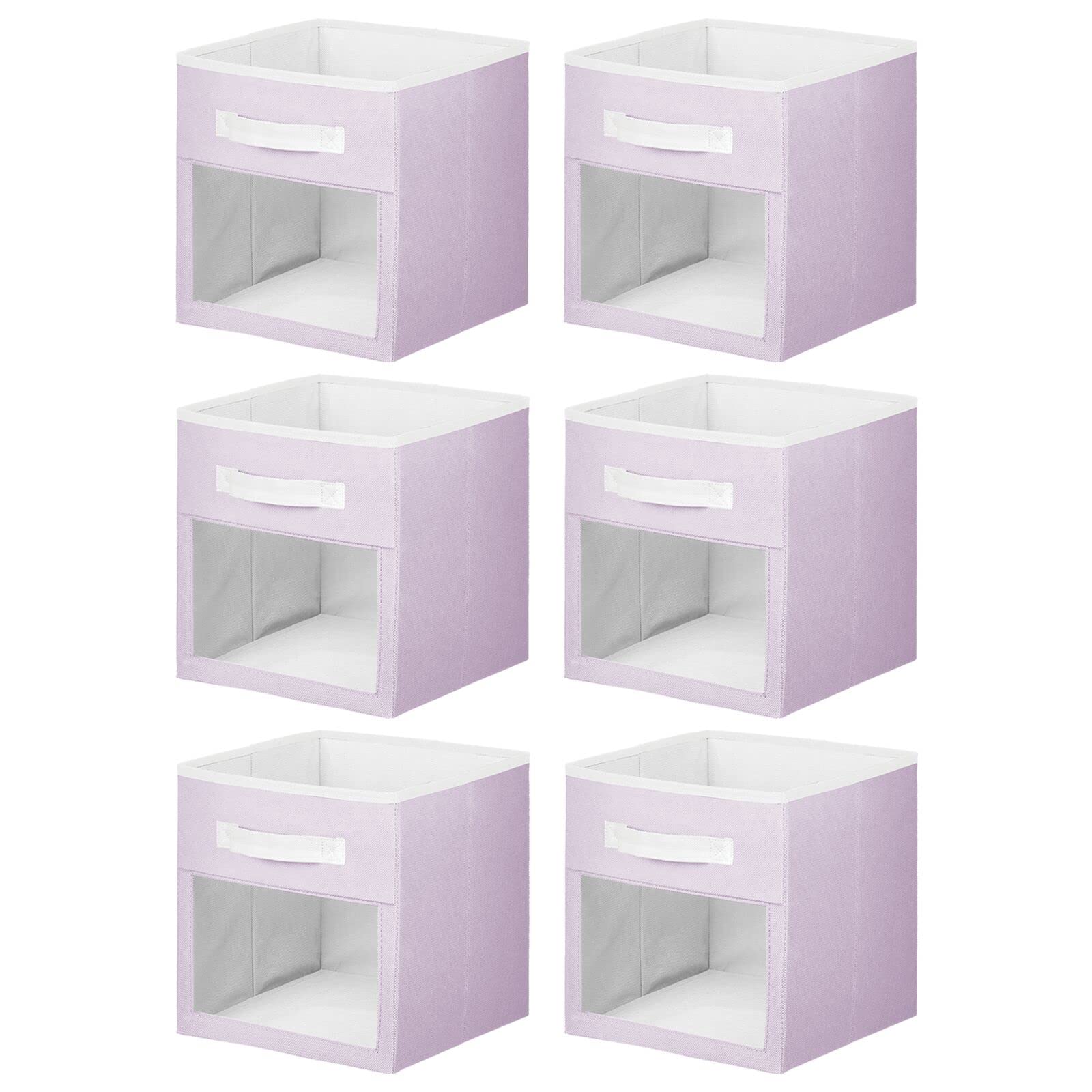 mDesign Jane Collection bins hold diapers, clothes, toys, and bibs.