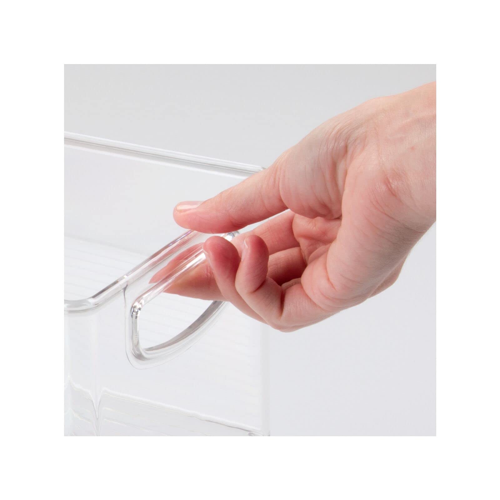 Mdesign ligne collection four-pack clear bins on a shelf for space efficiency.