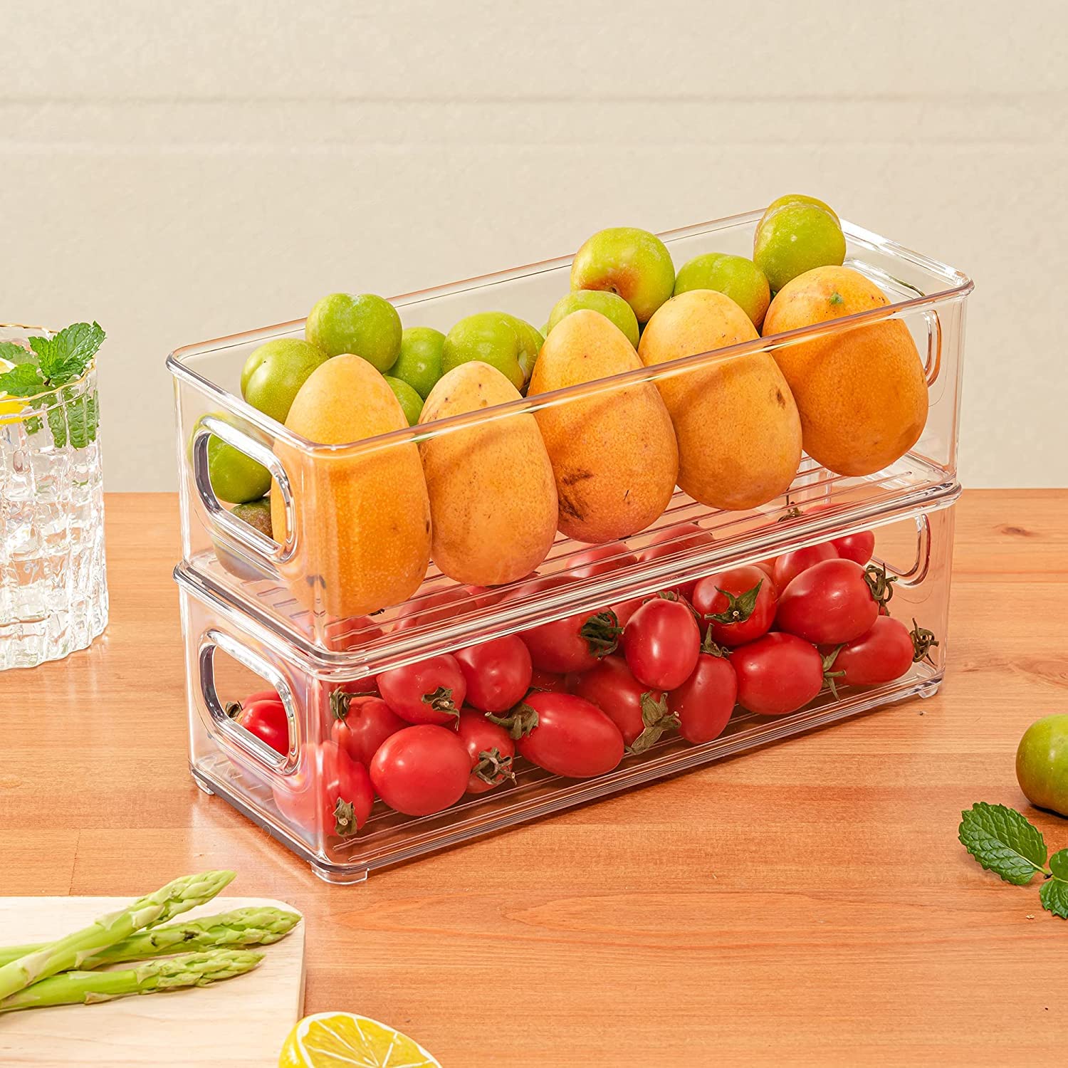 mdesign Ligne stackable organizer with handles in a pantry for easy access.